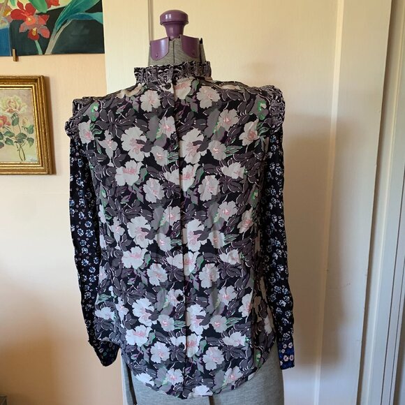 Rebecca Taylor Blouse SILK sz 6 Multicolor Floral Ruffles Mix Print Victorian - Picture 4 of 7